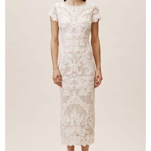 JS Collections Cream Sheath Midi Dress with Flutter Sleeves